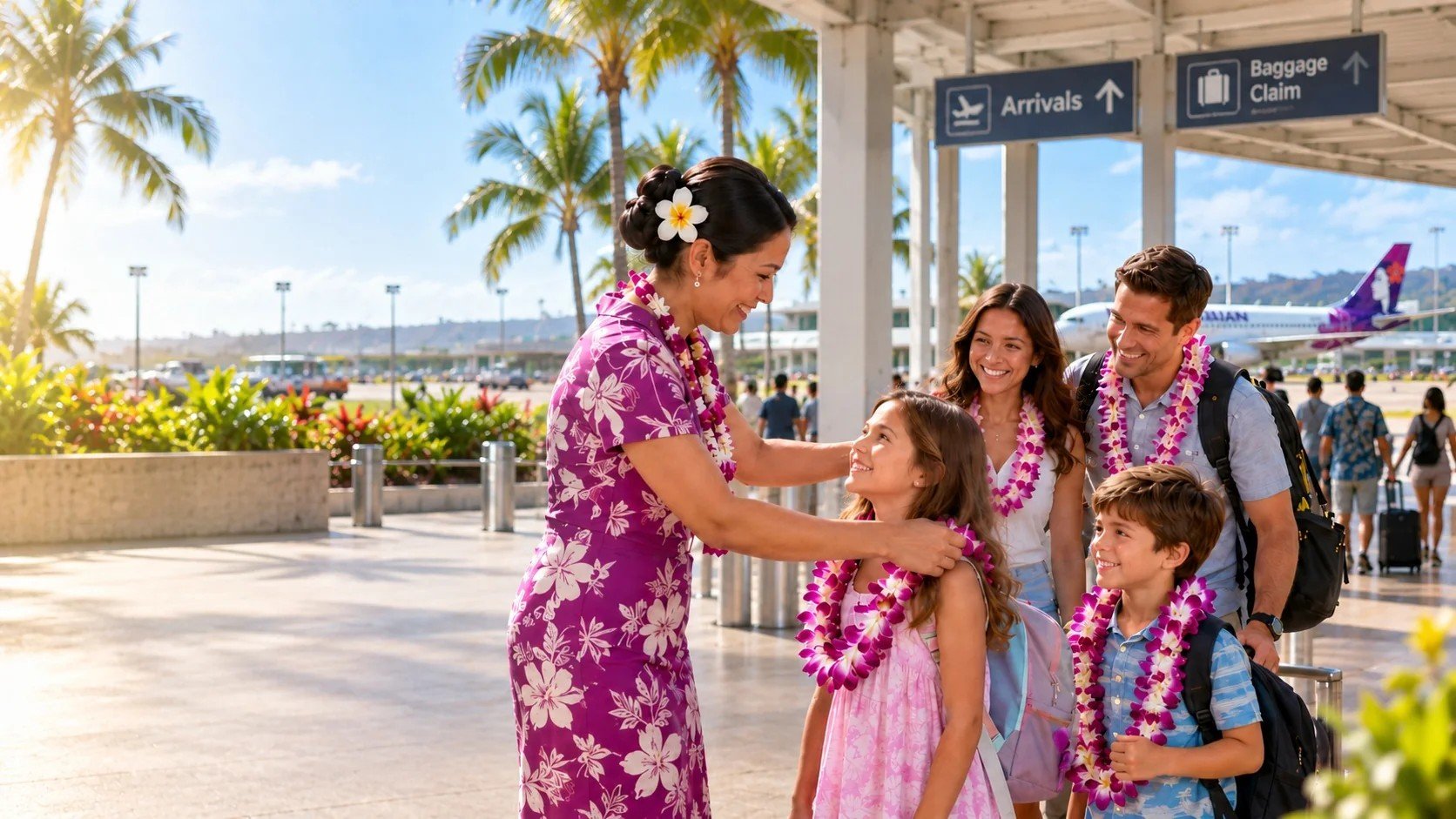 A greeter welcoming a family with purple orchid leis at a Hawaiian airport