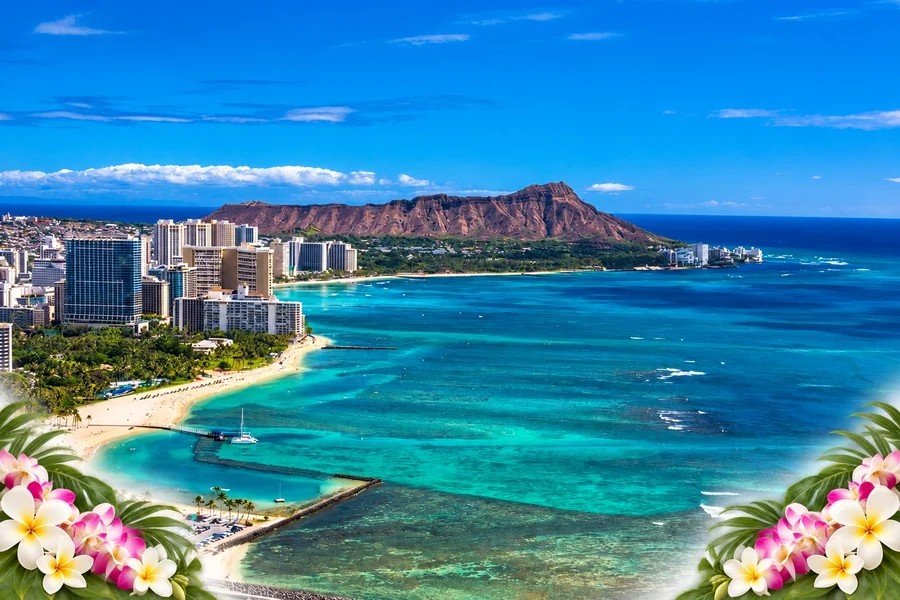 Waikiki shoreline and Diamond Head on Oahu